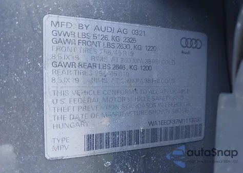 2021 Audi Q3 Premium Plus 45 Tfsi S Line Quattro Tiptronic z USA, uszkodzony, nr VIN WA1EECF37M1113030